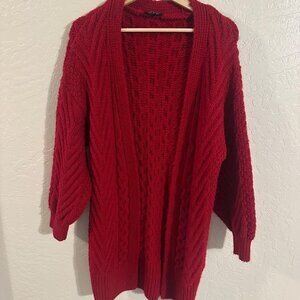 Top Shop Red Cable Knit Nords Fisherman Chunky Long Sleeved Cardigan Sweater